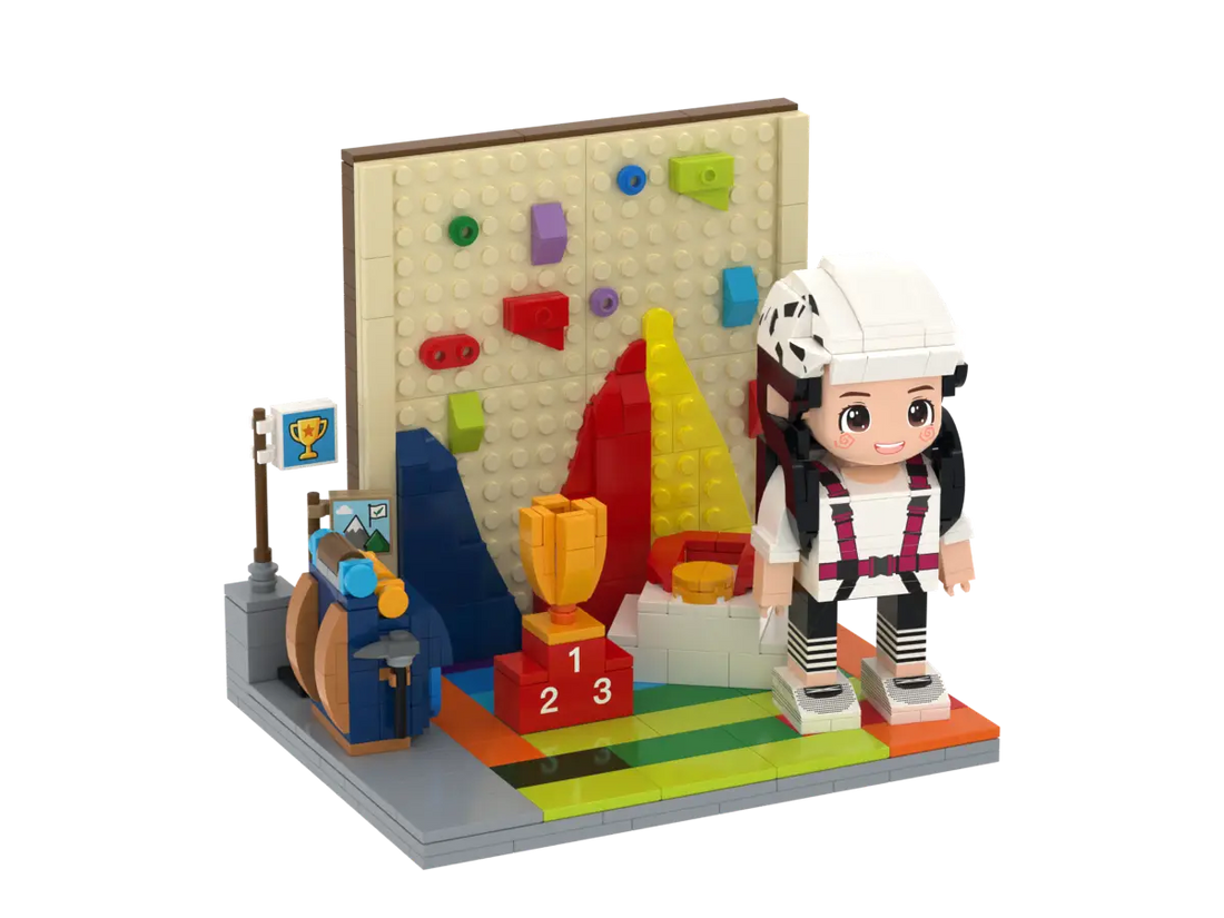 Little Climbing Champion kids rock climbing brick set with climbing wall trophy and gear