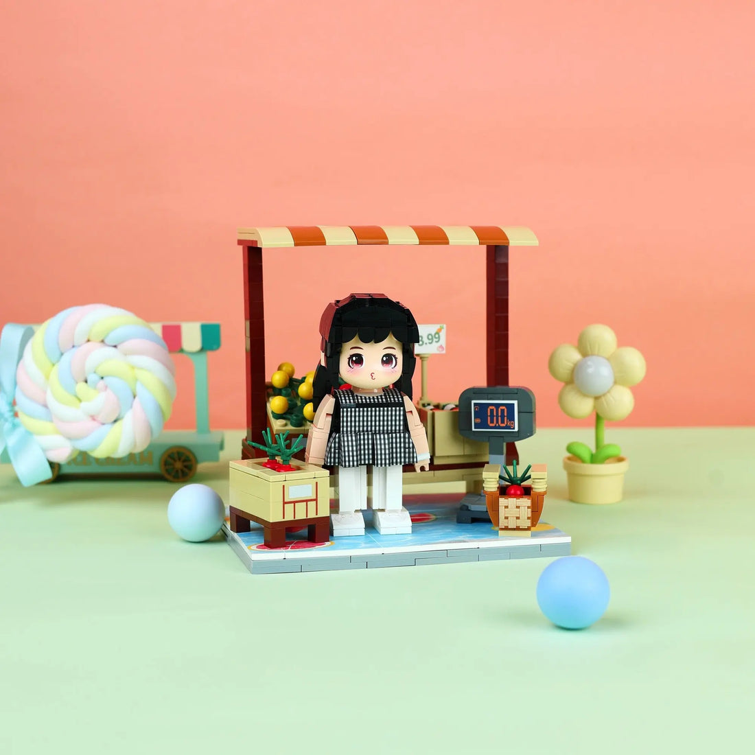 Little Farmers Market kids fruit stand brick building set in a bright market scene