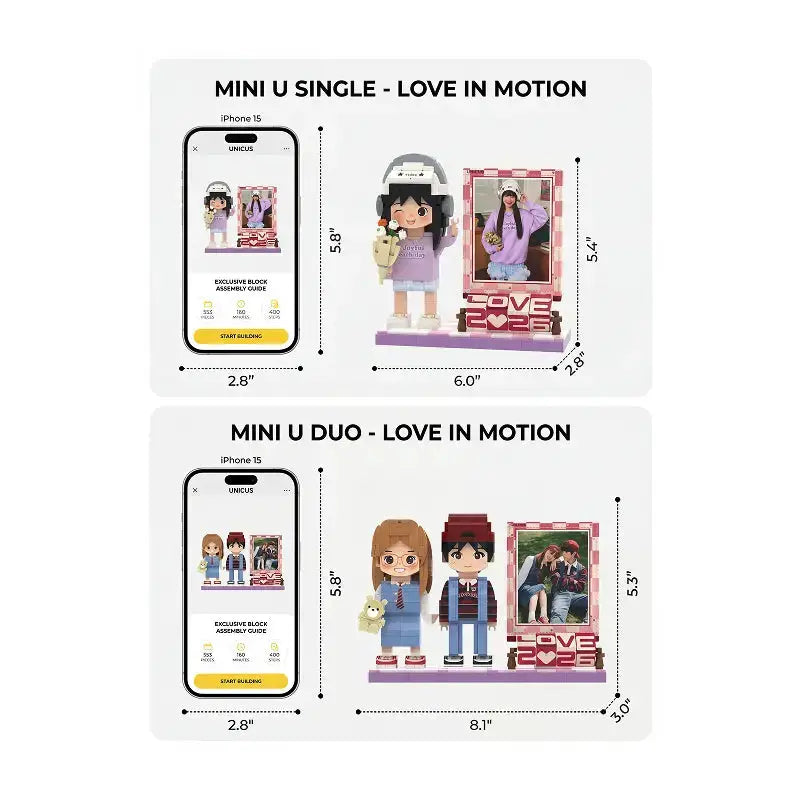 Mini U Love In Motion | Personalized Couple 3D Brick Figure & Rotating Acrylic Photo Frame Keepsake Mini U Collection
