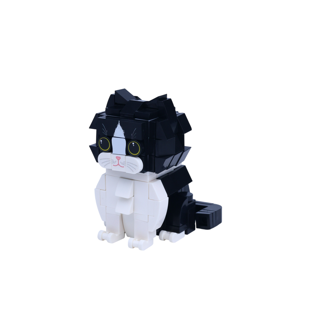 Black White Longhair cat brick figure, right-side view