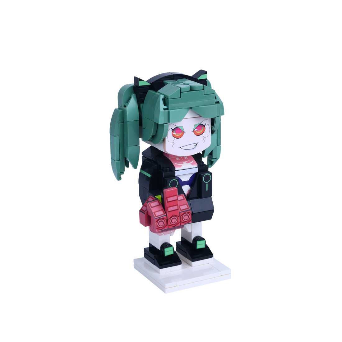 Cyber Pigtail Blaster custom brick figure, left-side view