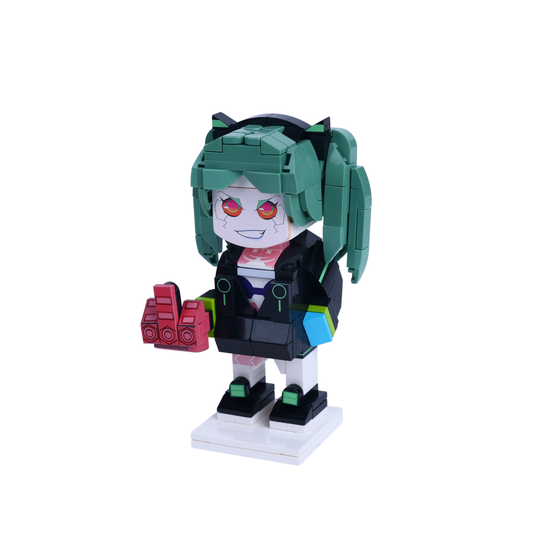 Cyber Pigtail Blaster custom brick figure, right-side view