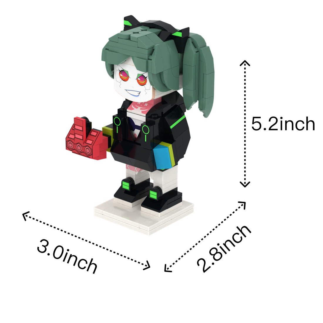 Cyber Pigtail Blaster custom brick figure, size guide