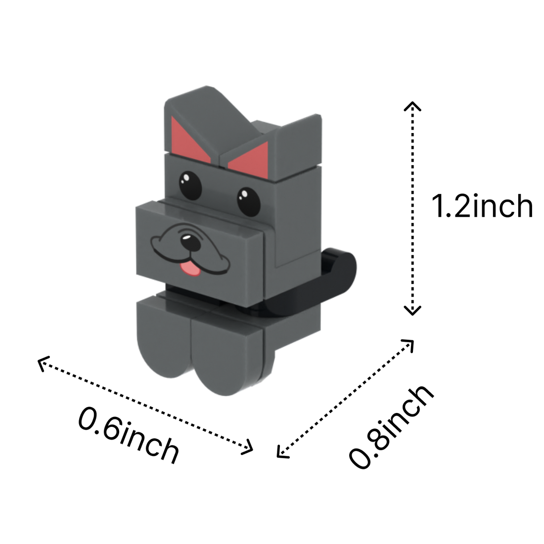 Dark Gray Pointy-Eared Whiskered Cat brick figure accessory, size guide