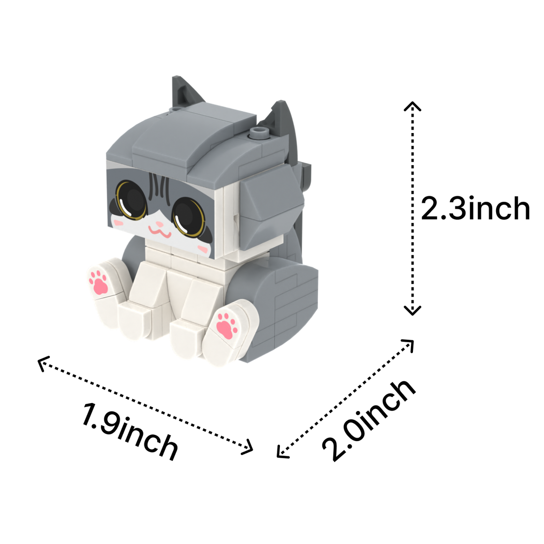 Gray White Cat Design 1 cat brick figure, size guide