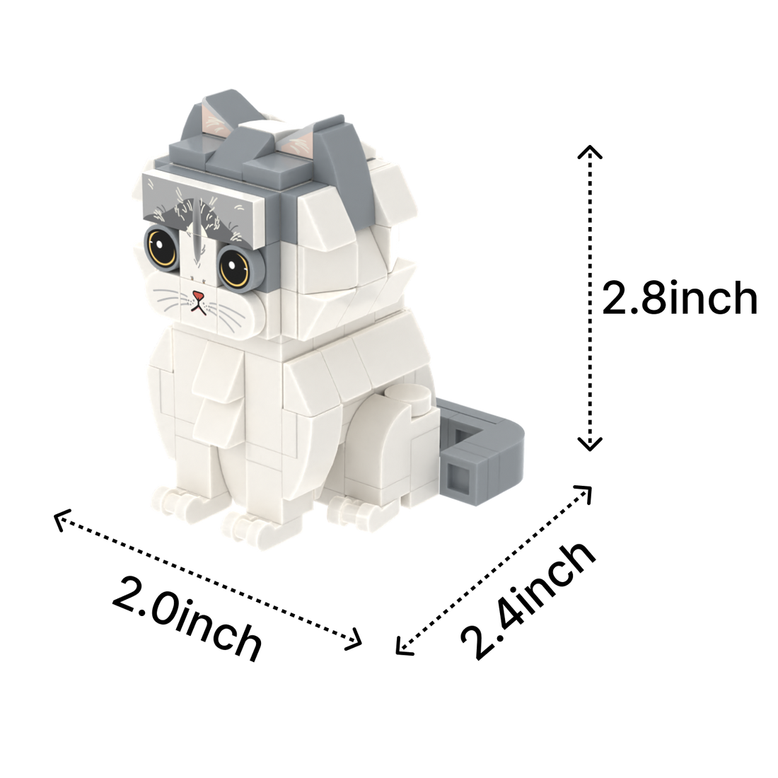 Gray White Longhair cat brick figure, size guide