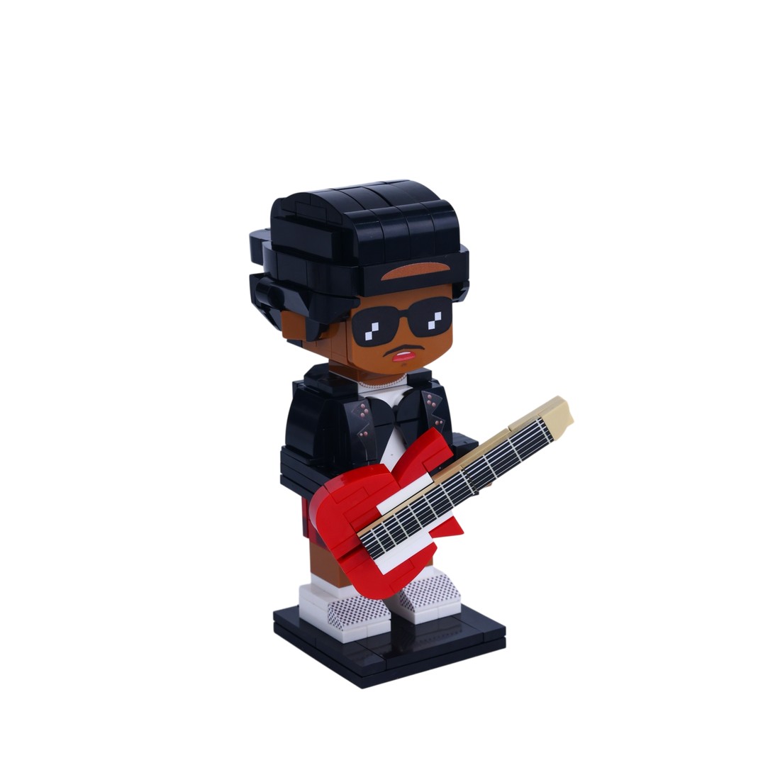Red Fedora Stage Performer custom brick figure, left-side view