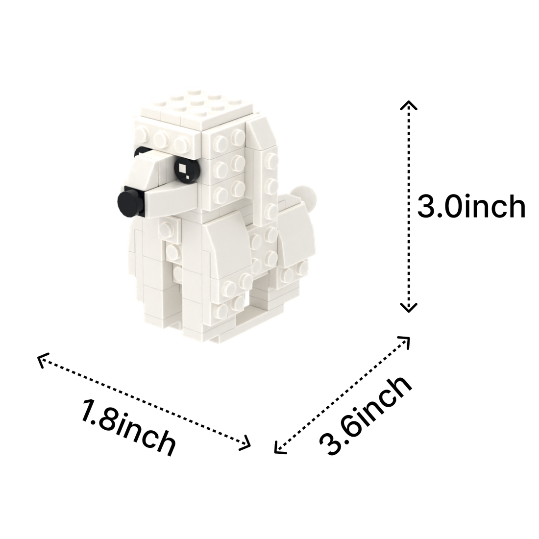 White Poodle dog brick figure, size guide