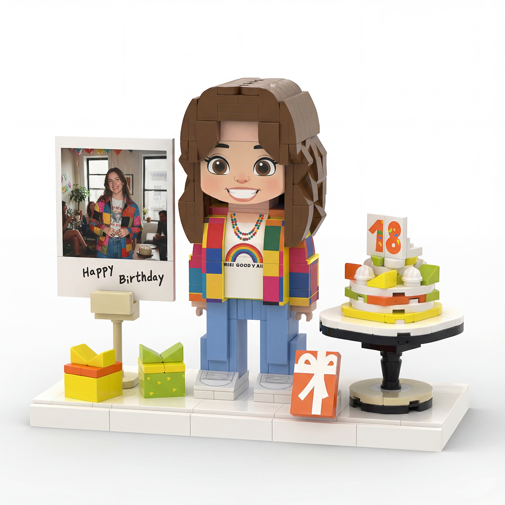 Mini U - Single | Personalized Birthday Brick Figure with Milestone Cake & Photo Stand