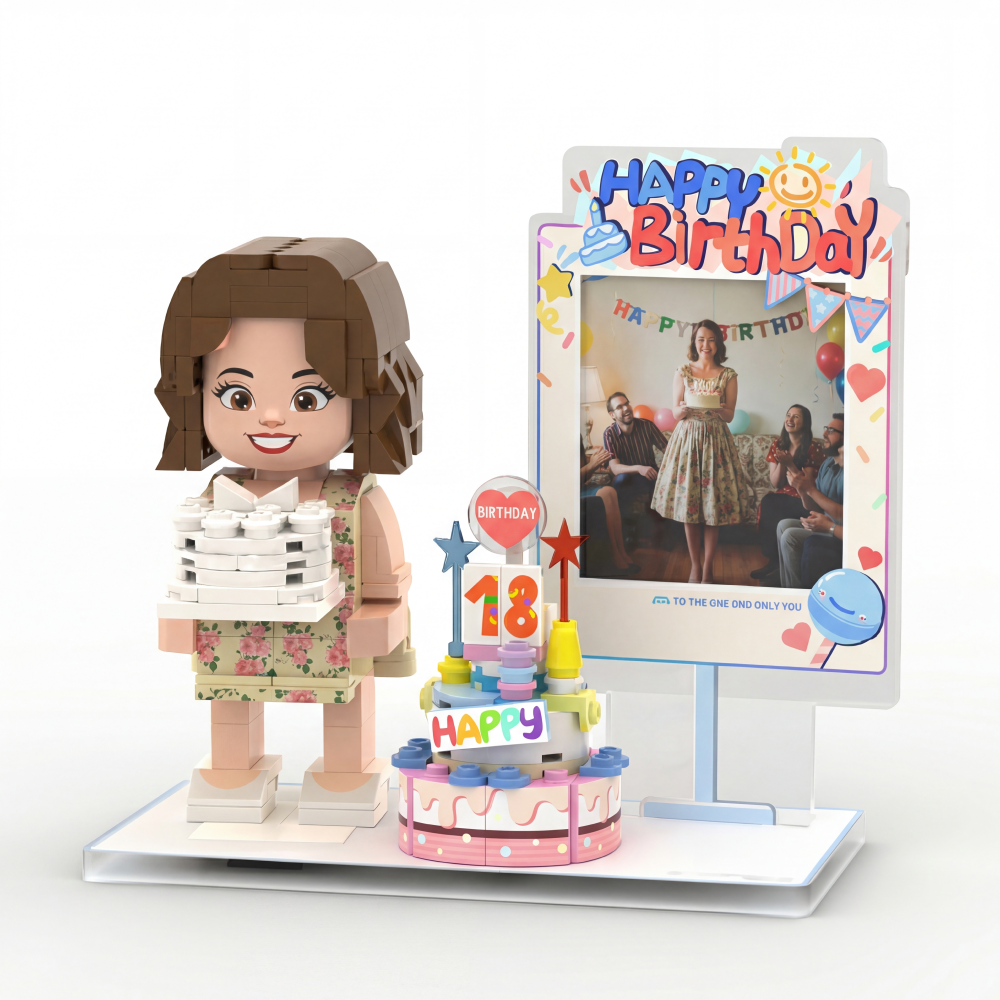 Mini U - Single | Personalized Birthday Brick Figure with Deluxe Party Frame & Interactive Cake