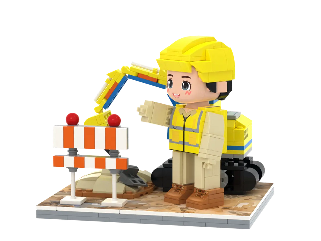 Little City Builder kids construction brick figure set with excavator and safety barricades