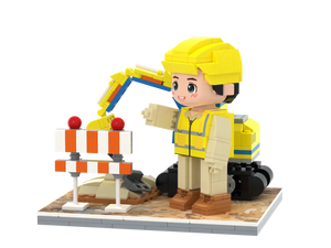Little City Builder kids construction brick figure set with excavator and safety barricades