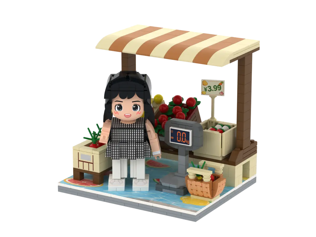 Little Farmers Market kids fruit stand brick set with produce crates basket and digital scale