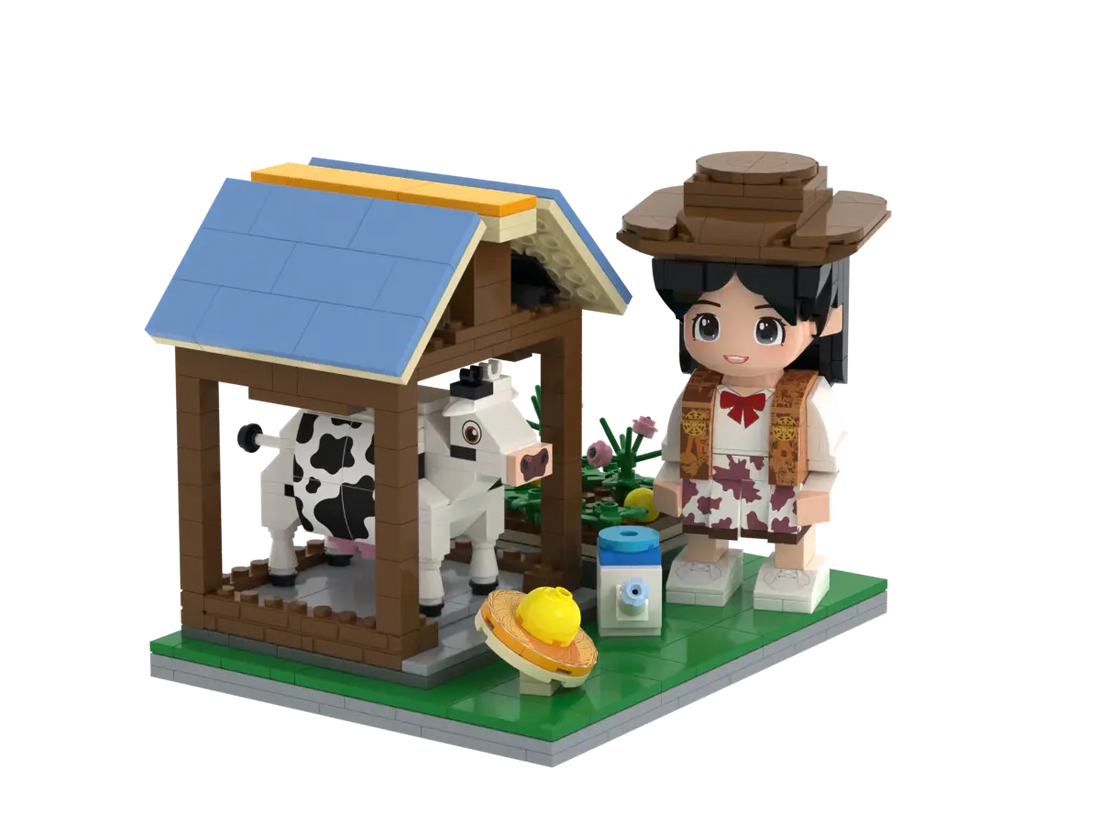 Little Happy Farmer kids farm brick set with child farmer cow shed watering can and flower bed