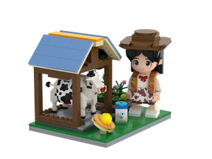 Little Happy Farmer kids farm brick set with child farmer cow shed watering can and flower bed