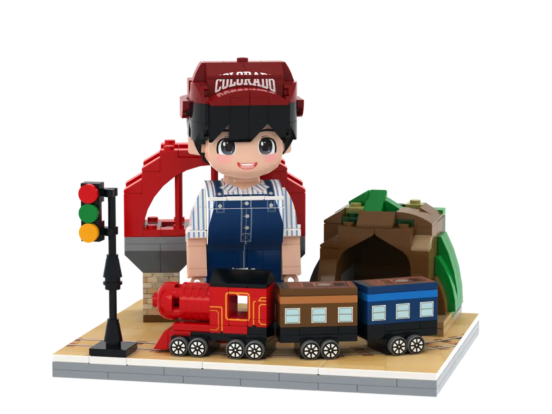 Little Railway Engineer kids train brick figure set with locomotive tunnel bridge and signal light