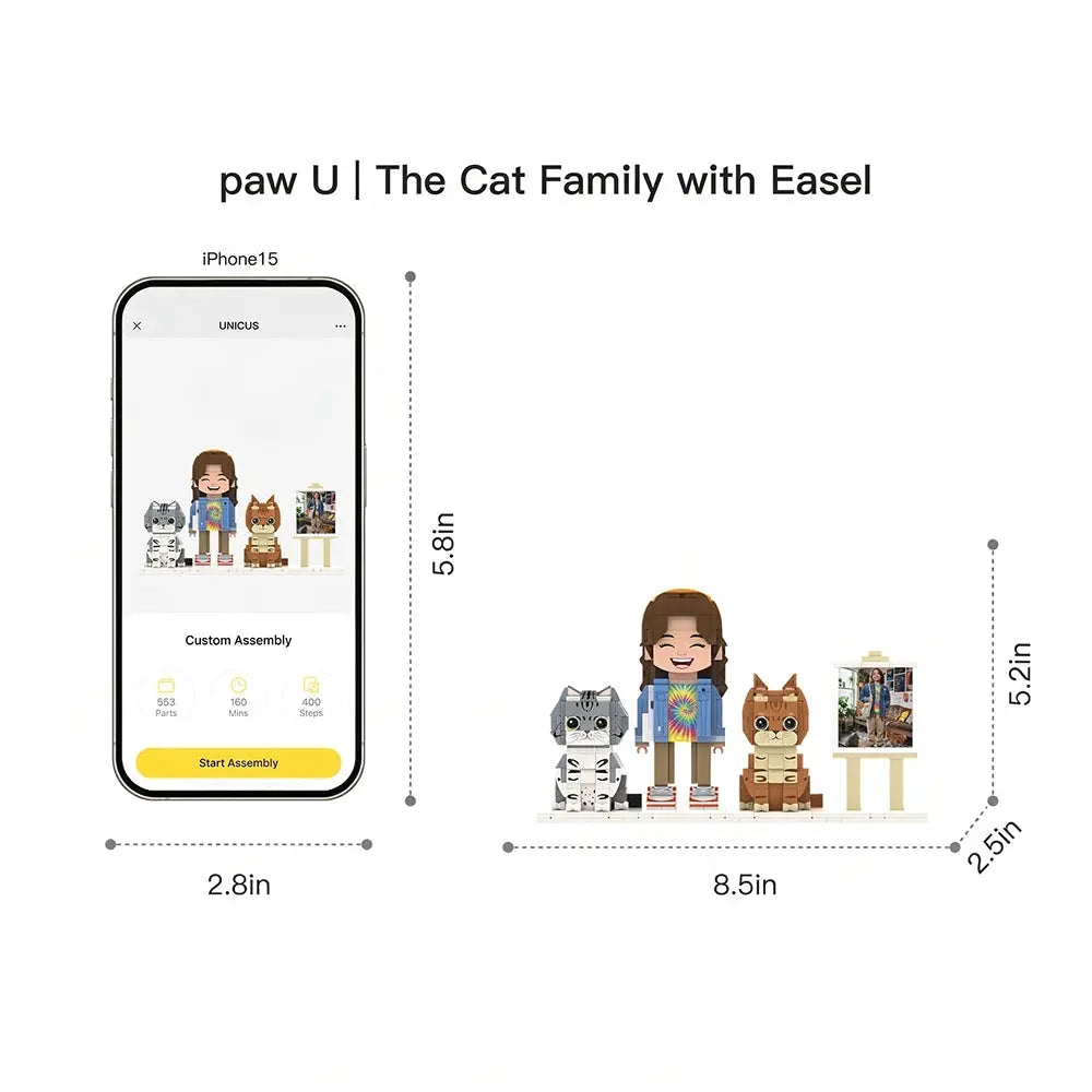 'Meow Duo' | Personalized Human & Two Cats 3D Brick Figure Set
