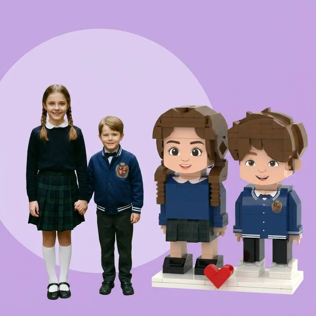 School Days Duo | Personalized 3D Brick Figure Siblings Set with Photo