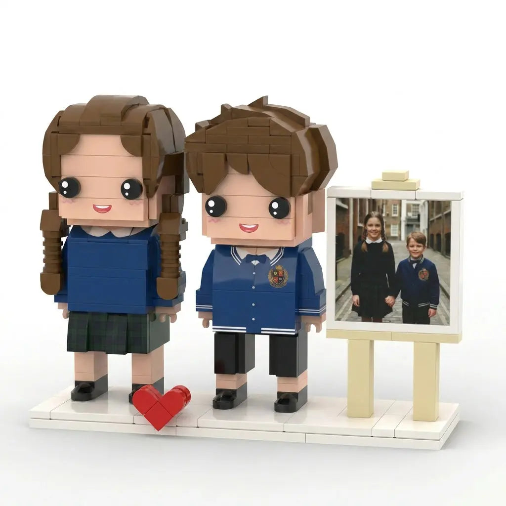 School Days Duo | Personalized 3D Brick Figure Siblings Set with Photo