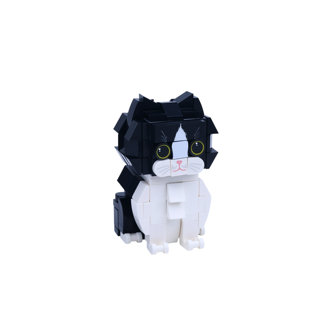 Black White Longhair cat brick figure, left-side view
