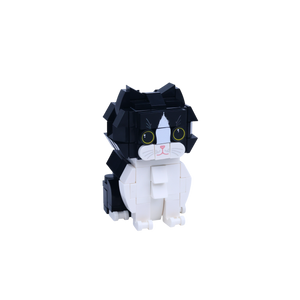 Black White Longhair cat brick figure, left-side view