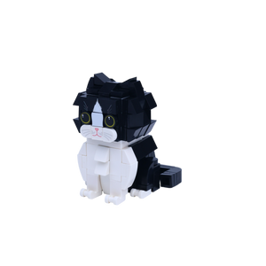 Black White Longhair cat brick figure, right-side view