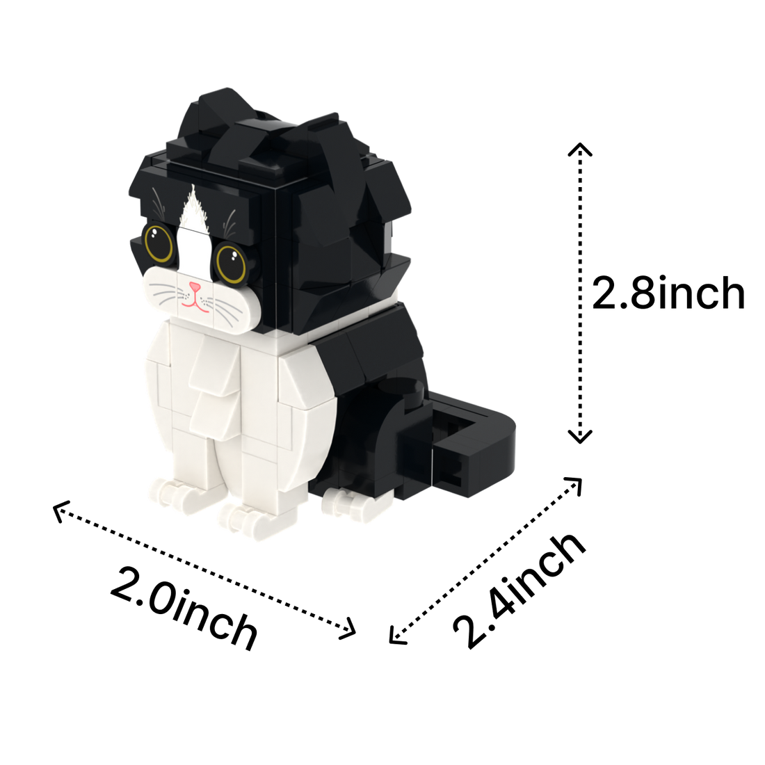 Black White Longhair cat brick figure, size guide