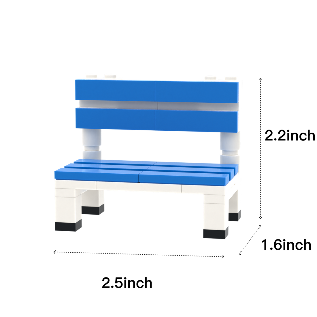 Blue-White Sports Bench brick scene accessory, size guide