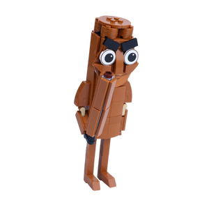 Brown Stick Man brick art collectible, left-side view