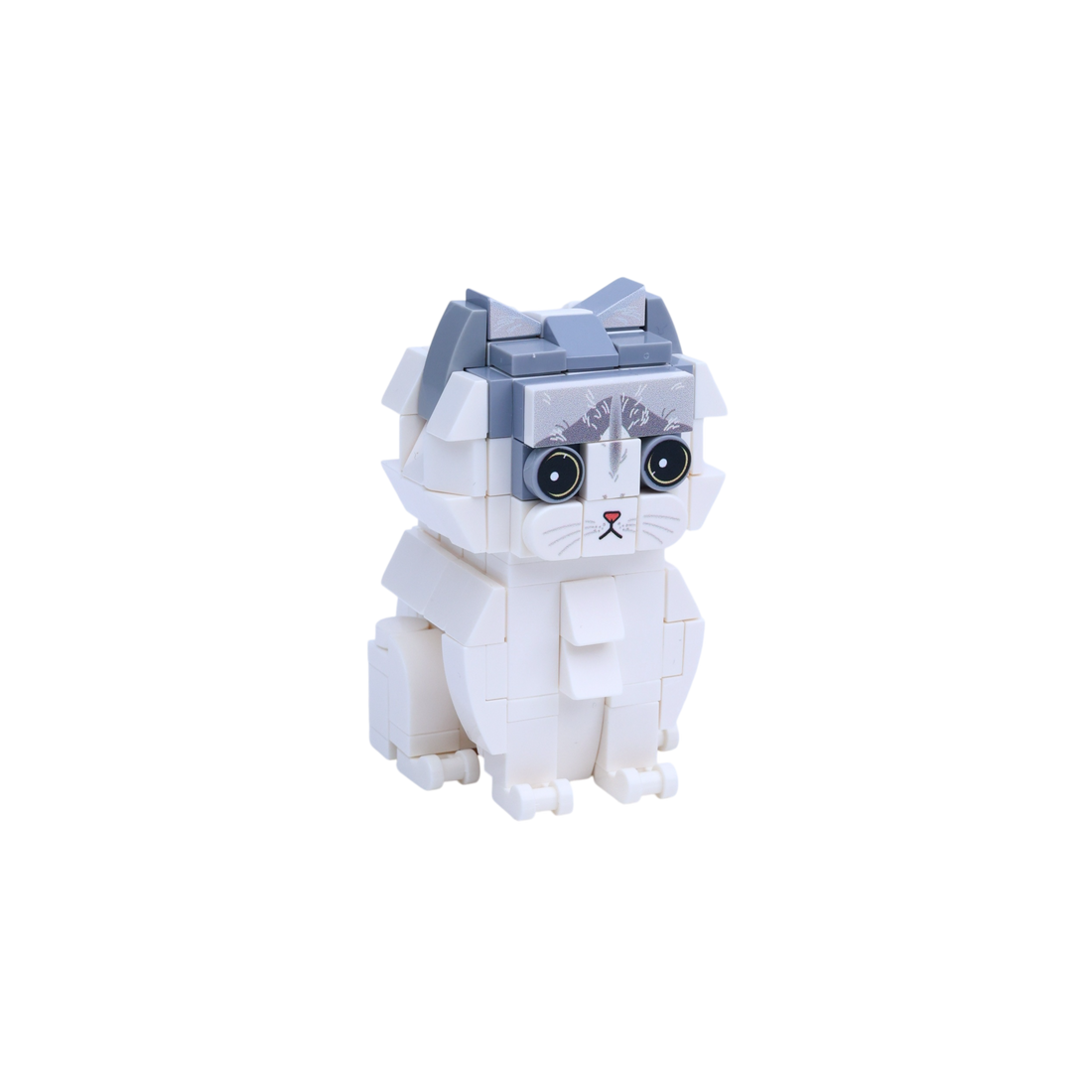 Gray White Longhair cat brick figure, left-side view