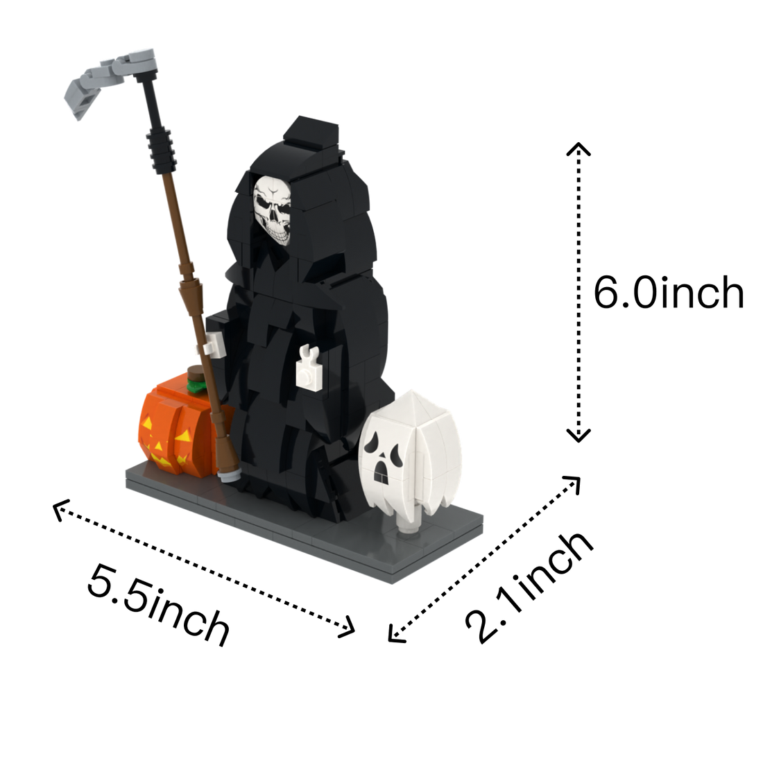 Grim Smiling Reaper custom brick figure, size guide