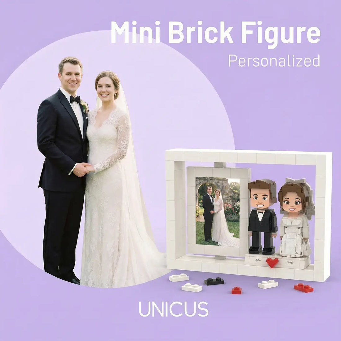 Modern Rotating Wedding Photo Frame Building Set - Personalized Couple Display with Heart Decor Mini U