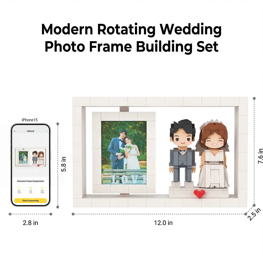 Modern Rotating Wedding Photo Frame Building Set - Personalized Couple Display with Heart Decor Mini U