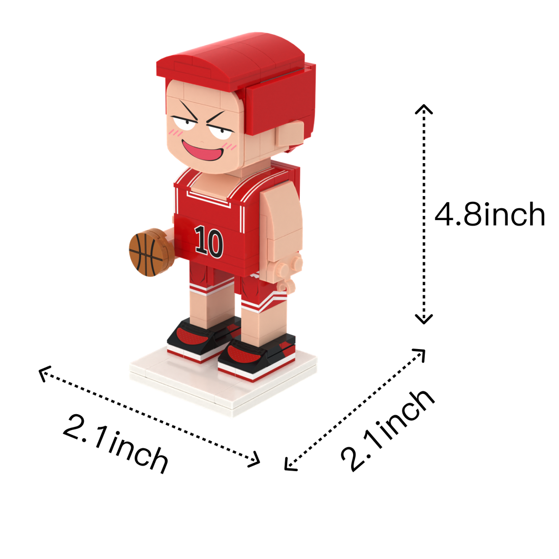 Red-Haired Basketball Star custom brick figure, size guide