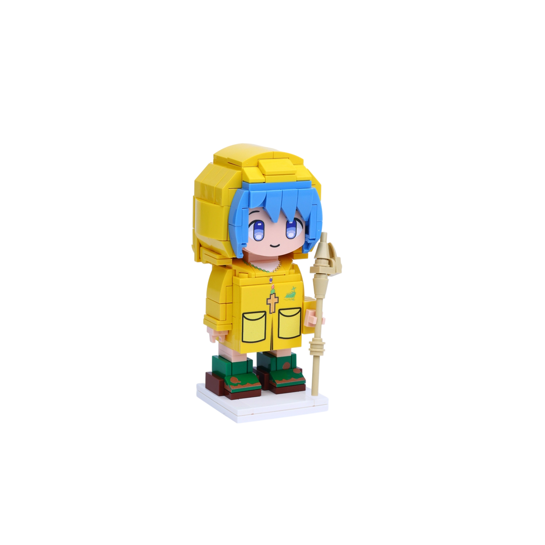Yellow Raincoat Explorer custom brick figure, left-side view