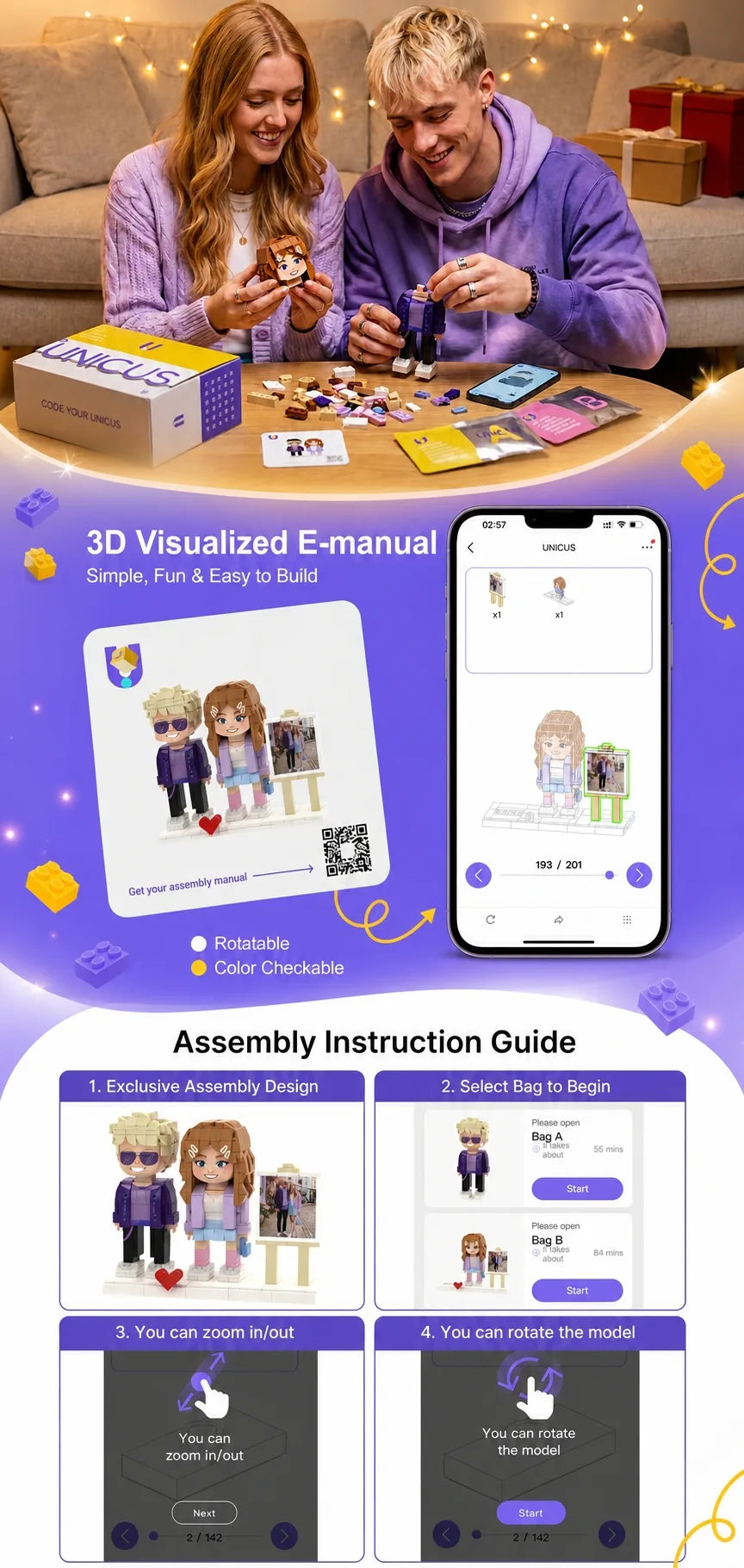 A couple building custom brick figures with a 3D visualized e-manual and assembly guide