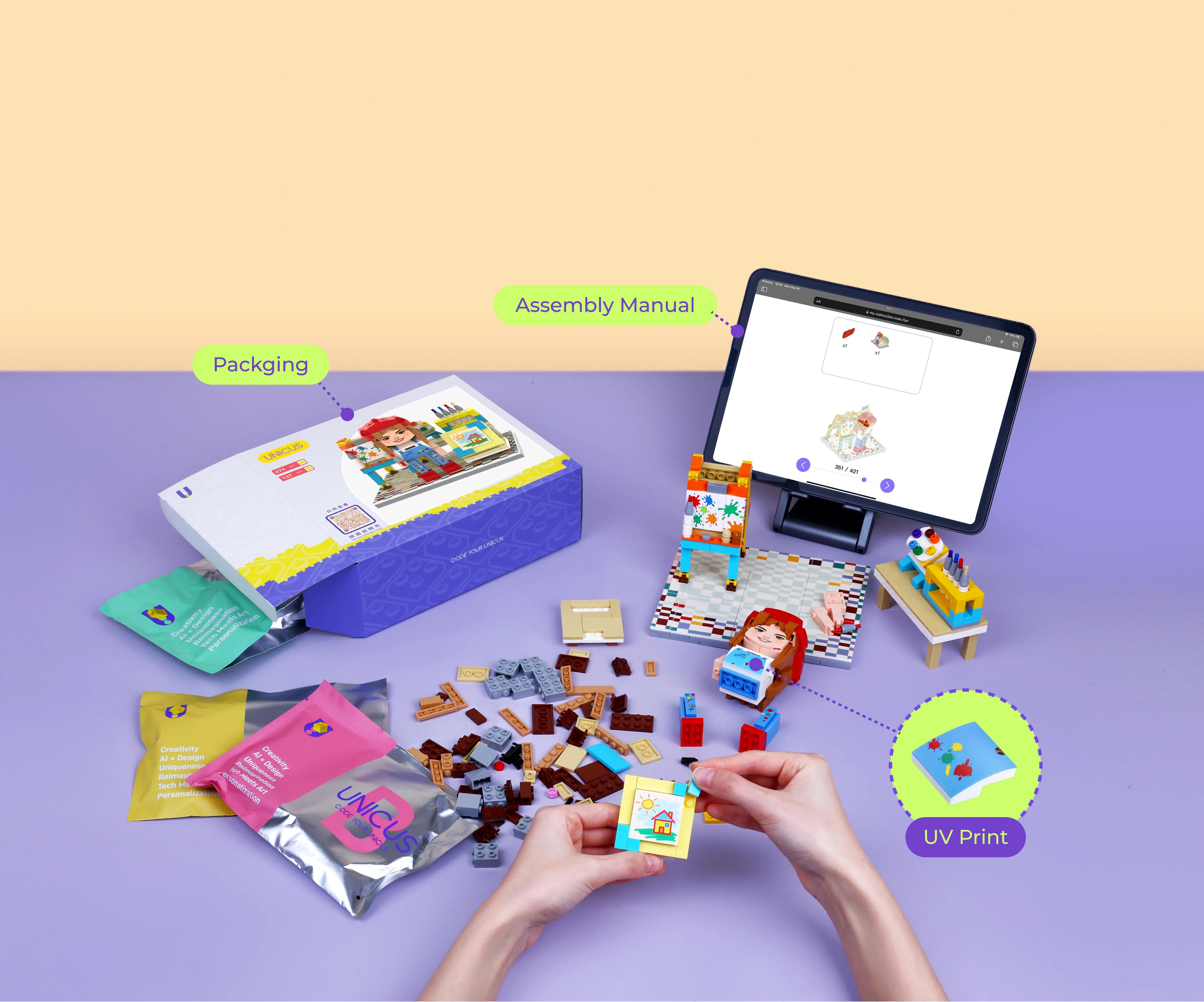 A personalized brick figure, scene, assembly guide and bricks ready to build